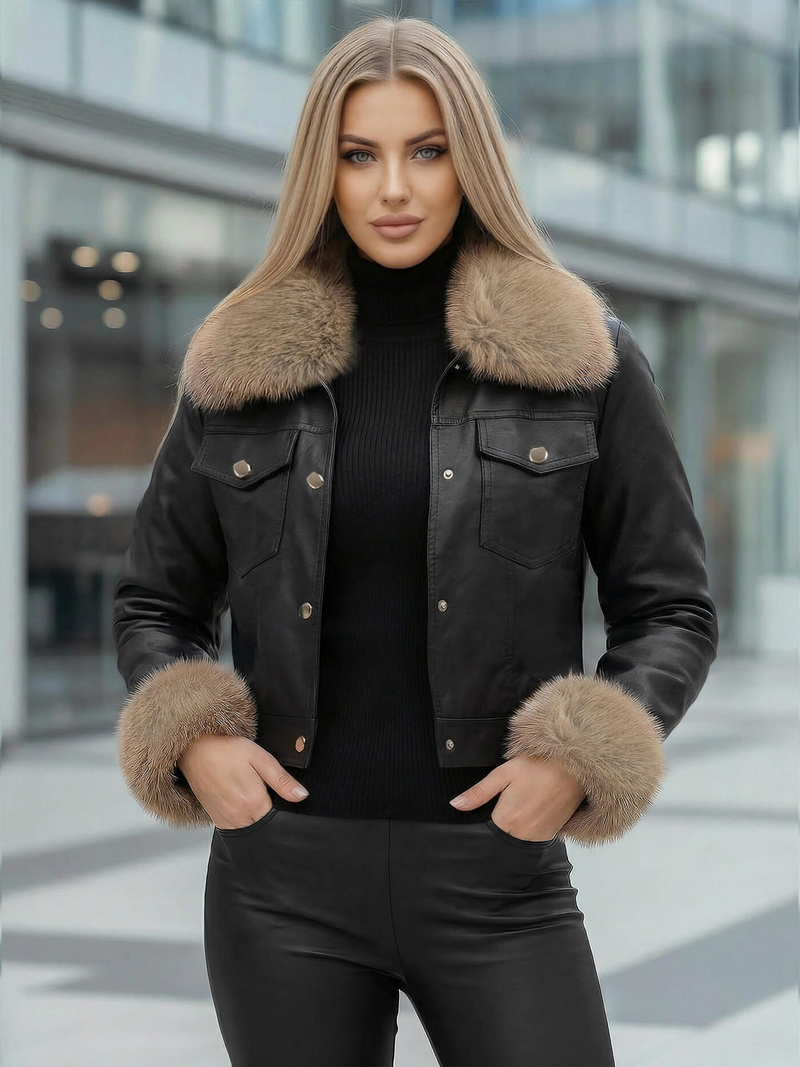 Ženska kožna jakna crno-bež OZONEE JS/61M8513/392B