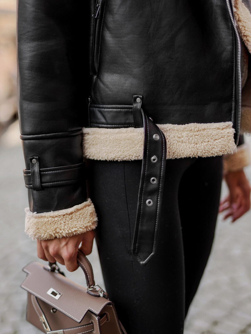 Ženska kožna jakna crno-bež OZONEE JS/11Z8177