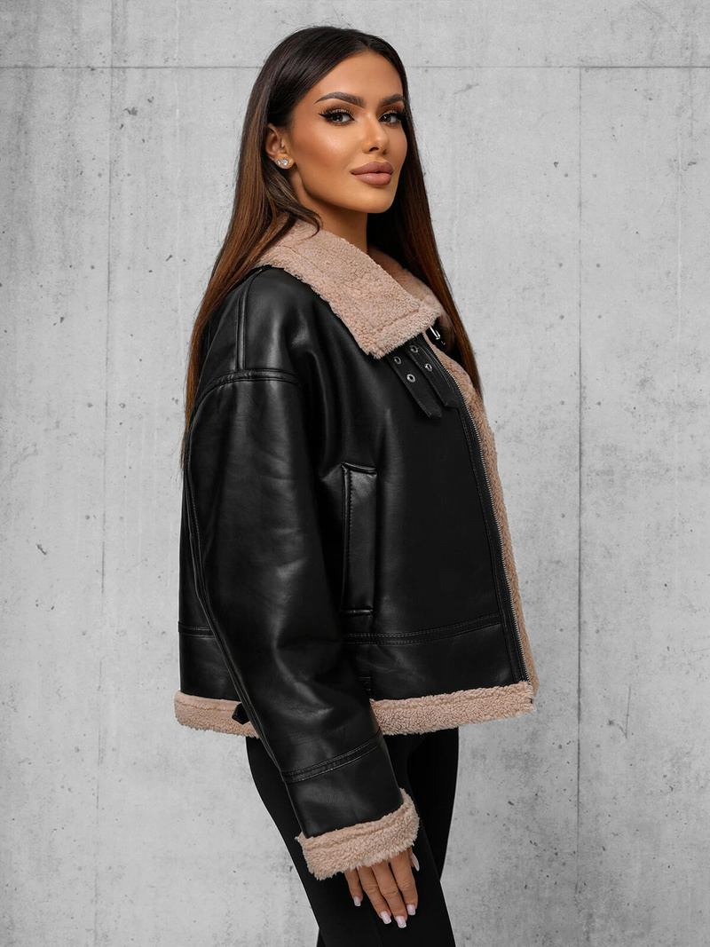 Ženska kožna jakna crno-bež OZONEE JS/11Z8176Z