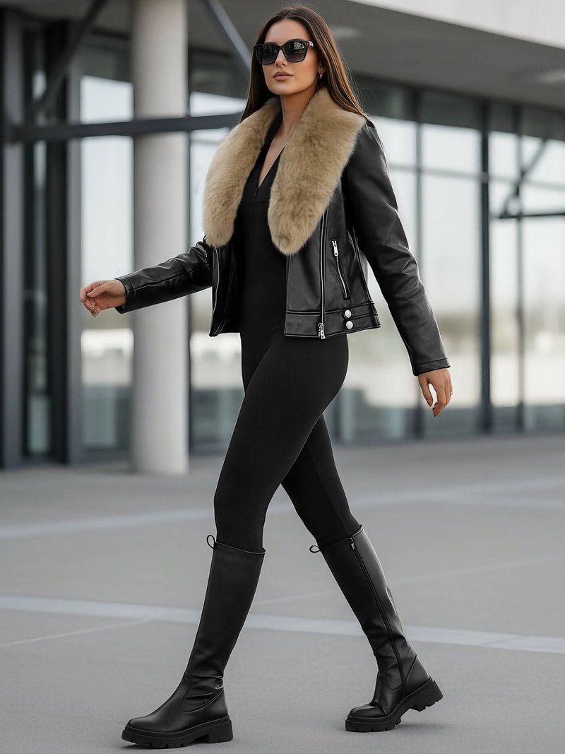 Ženska kožna jakna crno-bež OZONEE JS/61M8508/392BZ