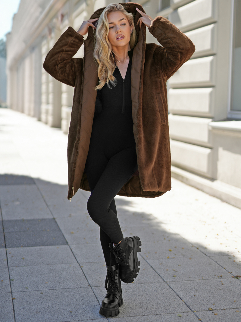 Ženska duga zimska jakna čokolada OZONEE JS/5M3352/158