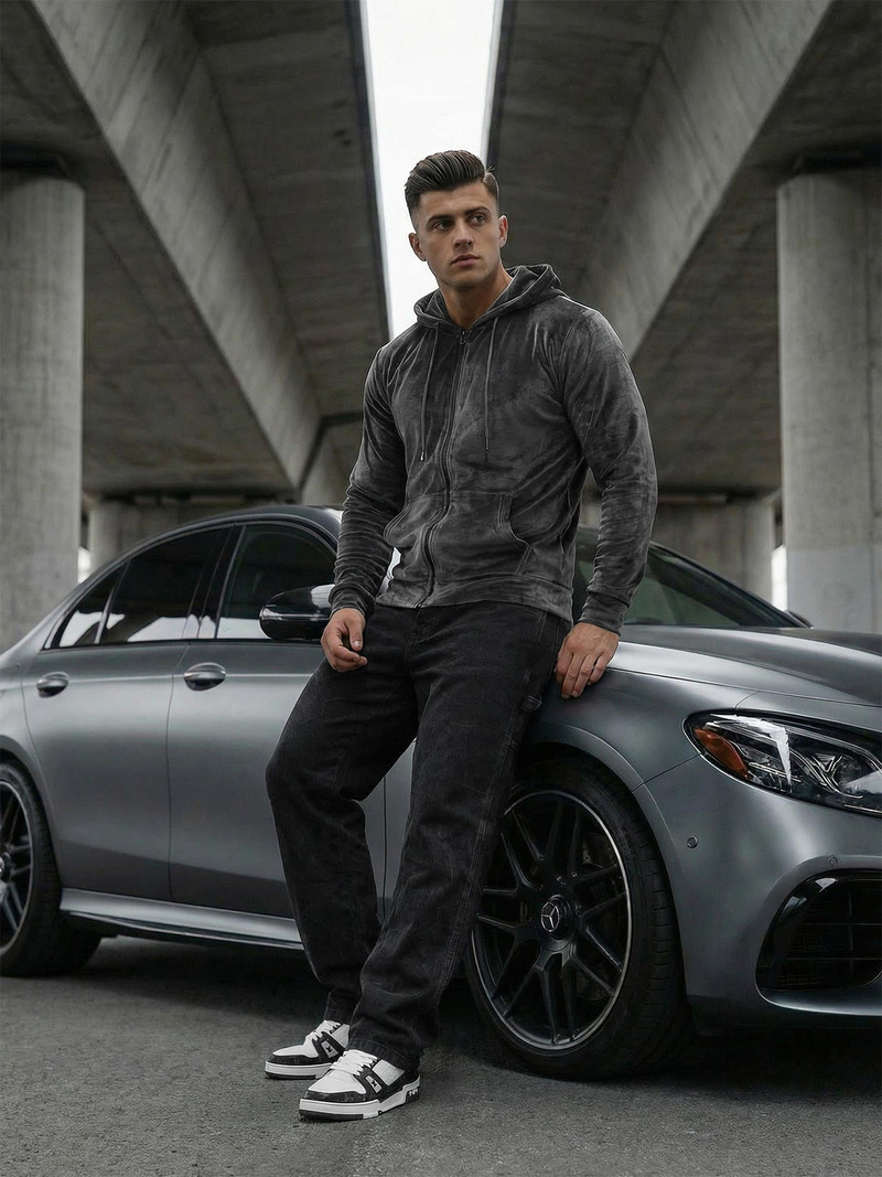 Muška od velura dukserica s kapuljačom grafitna OZONEE JS/8B1168/6Z