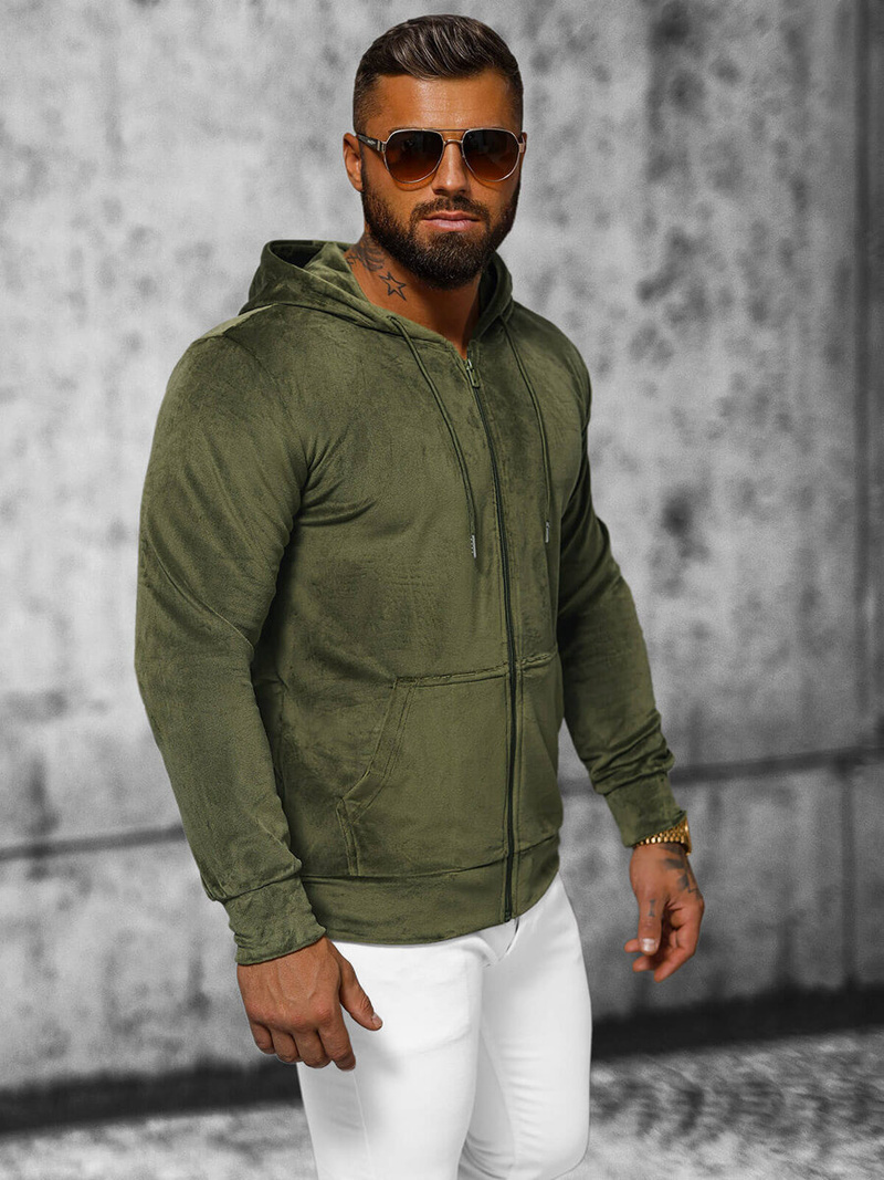 Muška od velura dukserica s kapuljačom kaki OZONEE JS/8B1168/29