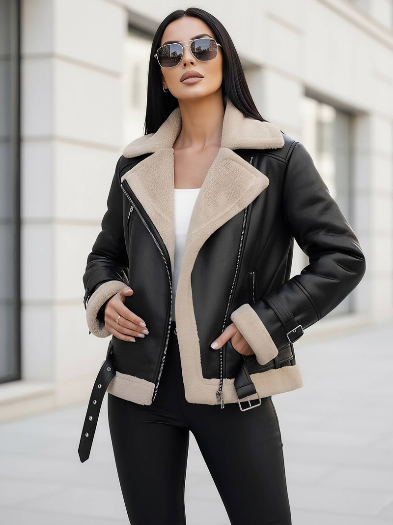 Ženska kožna jakna crno-bež OZONEE JS/11Z8177Z