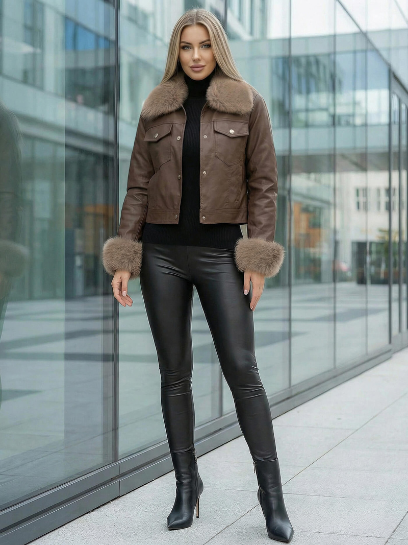 Ženska Kožna Jakna Čokolada OZONEE JS/61M8513/158