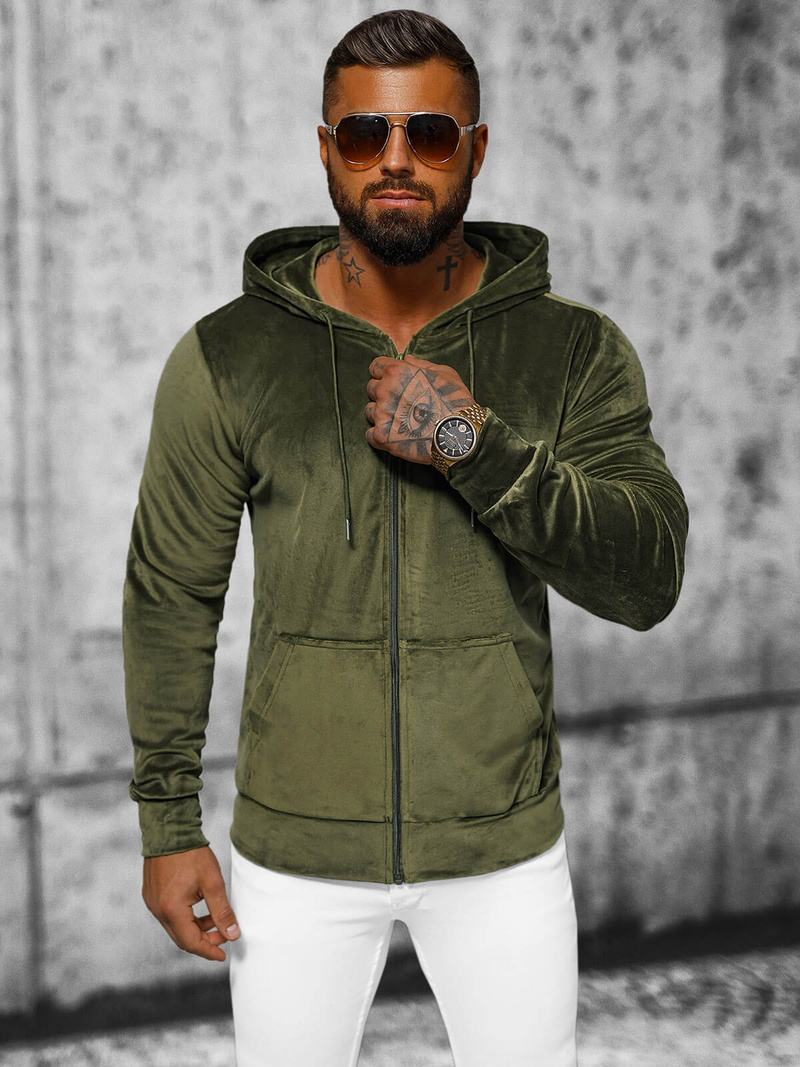 Muška od velura dukserica s kapuljačom kaki OZONEE JS/8B1168/29