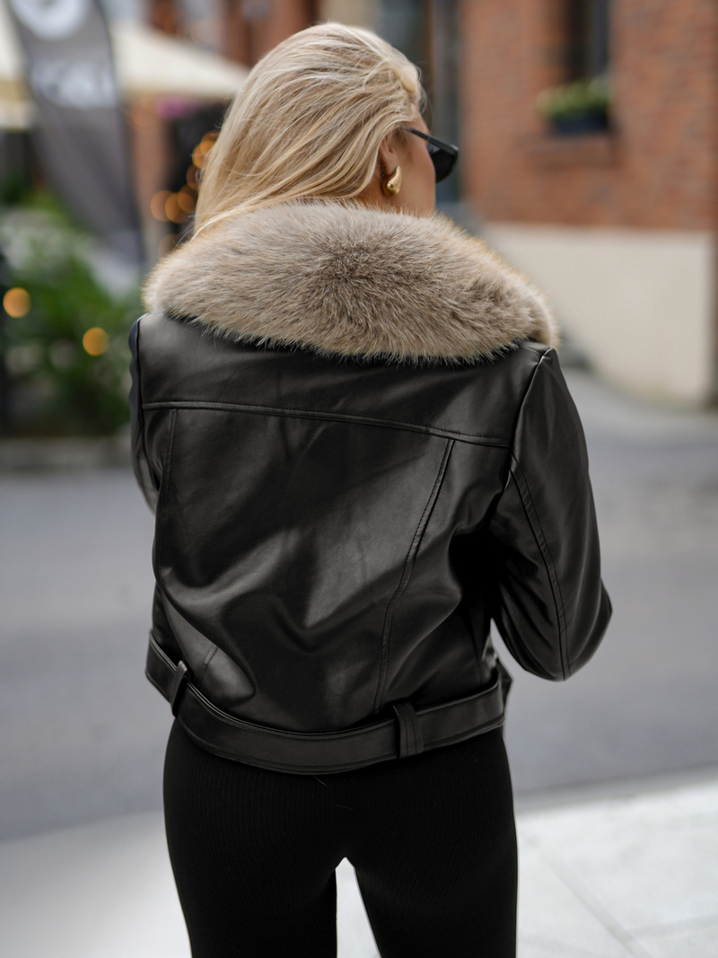 Ženska kožna jakna crno-bež OZONEE JS/61M8511/392B