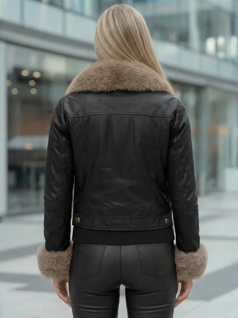 Ženska kožna jakna crno-bež OZONEE JS/61M8513/392B