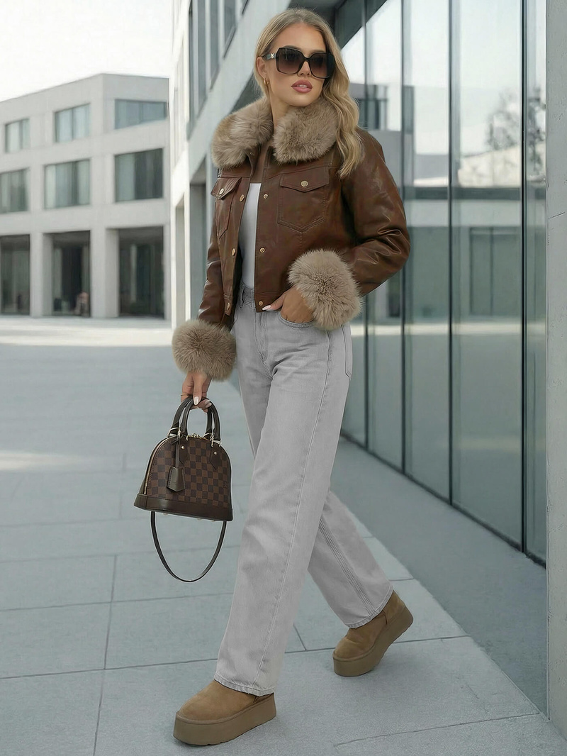 Ženska Kožna Jakna Čokolada OZONEE JS/61M8513/158