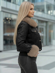 Ženska kožna jakna crno-bež OZONEE JS/61M8513/392B