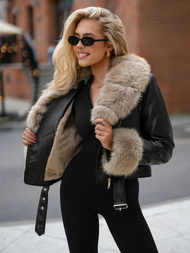 Ženska kožna jakna crno-bež OZONEE JS/61M8511/392B