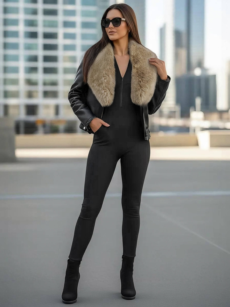 Ženska kožna jakna crno-bež OZONEE JS/61M8508/392BZ