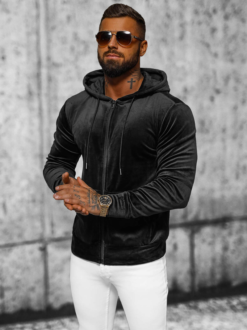 Muška od velura dukserica s kapuljačom crna OZONEE JS/8B1168/3