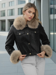 Ženska kožna jakna crno-bež OZONEE JS/61M8513/392B