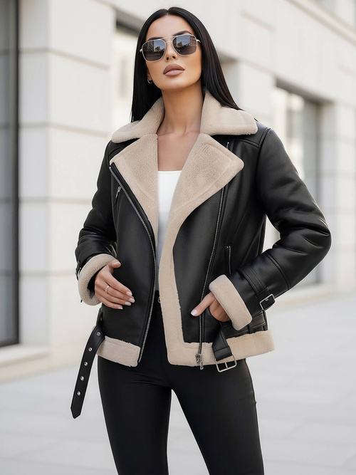 Ženska kožna jakna crno-bež OZONEE JS/11Z8177Z