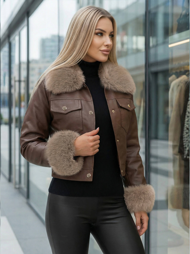 Ženska Kožna Jakna Čokolada OZONEE JS/61M8513/158